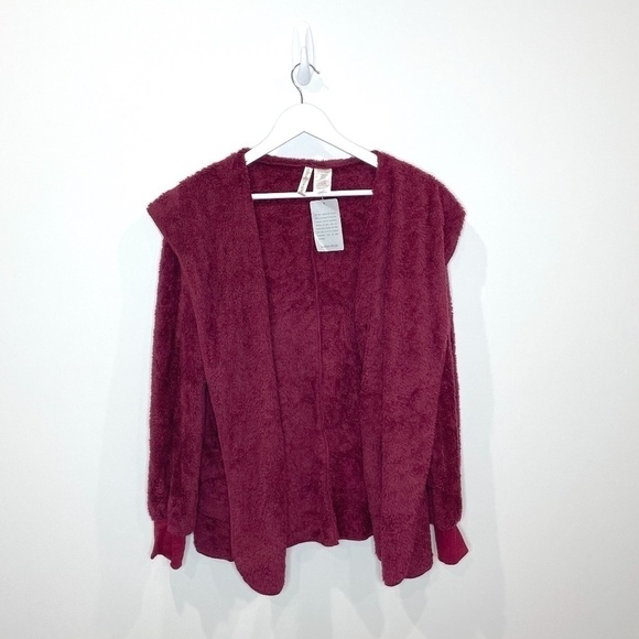 Forgotten Grace Maroon Fuzzy Oversized Cardigan with Hoodie - Picture 1 of 6